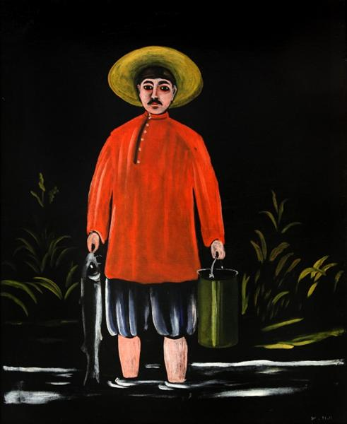 A fisherman in a red shirt and straw hat holding a fish and bucket